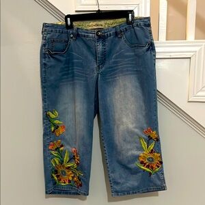 Two Girls Dancing Embroidered Denim Capris with Floral Design